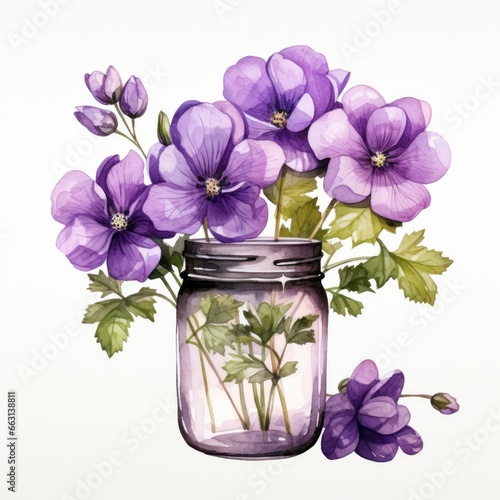Fototapeta Naklejka Na Ścianę i Meble -  Collection of watercolor mason jars with purple flowers clipart.