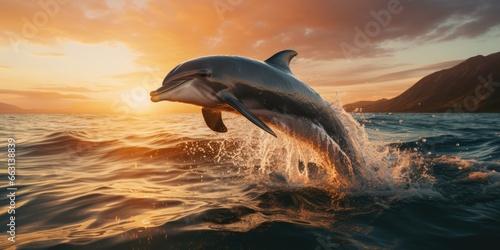 a image beautiful dolphin leaping jumping from shining sunset sea, AI Generative © Horsi