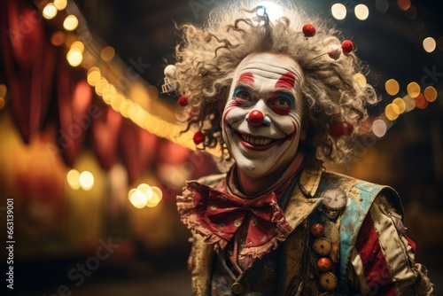 Portrait of a joyful clown with a beaming smile and a classic red nose, embracing the vintage circus atmosphere. Created with generative AI technology