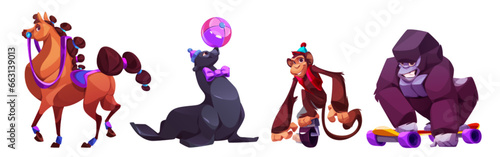 Circus animals during performance. Cartoon vector happy smiling characters of horse with drcorated tail and mane, harbor seal holds ball on its nose, monkey balances on unicycle, gorilla skateboarding