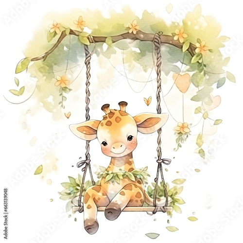 Cute baby giraffe on swings on the tree in watercolor style.