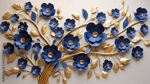Elegant gold and royal blue floral tree with leaves and flowers hanging branches illustration background. #663139266
