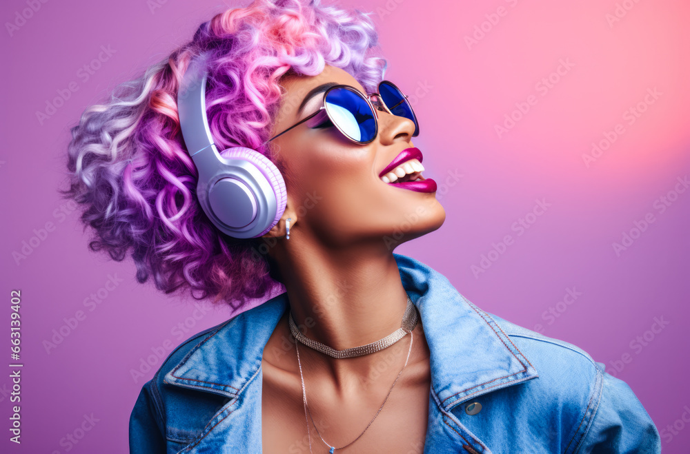 Young African American woman with vibrant pink curly hair wearing retro clothes Young African American woman with vibrant pink curly hair wearing retro clothes