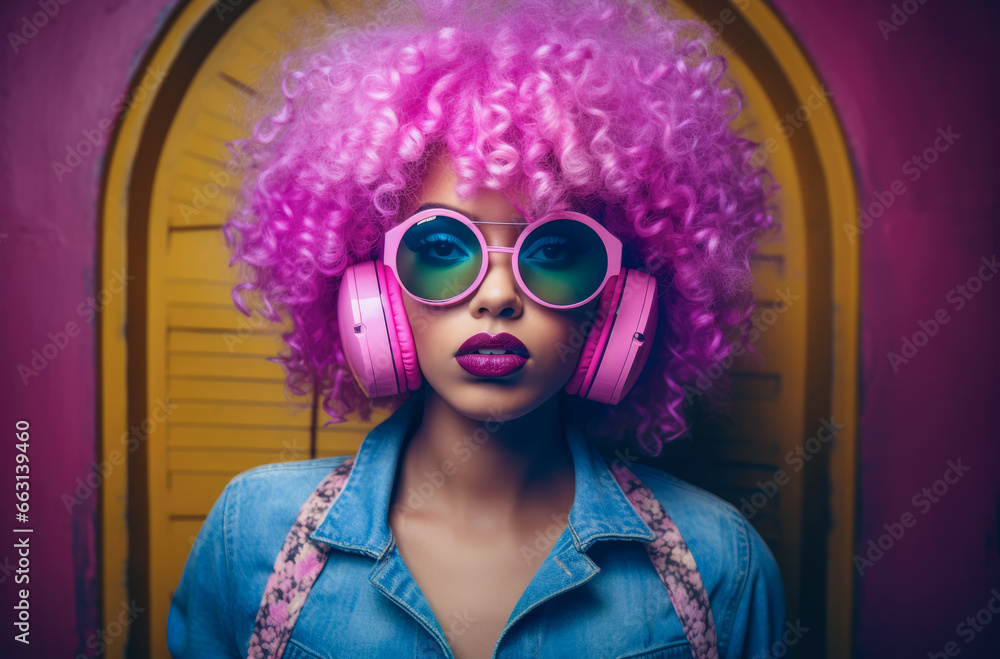 Young African American woman with vibrant pink curly hair wearing retro clothes Young African American woman with vibrant pink curly hair wearing retro clothes
