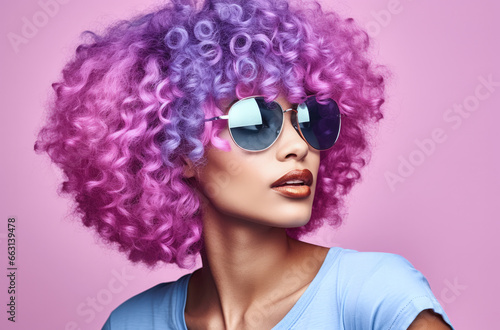 Young African American woman with vibrant pink curly hair wearing retro clothes