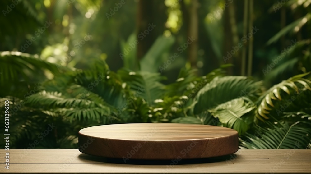Tropical Product Showcase. Wooden podium amidst lush forest, a green backdrop
