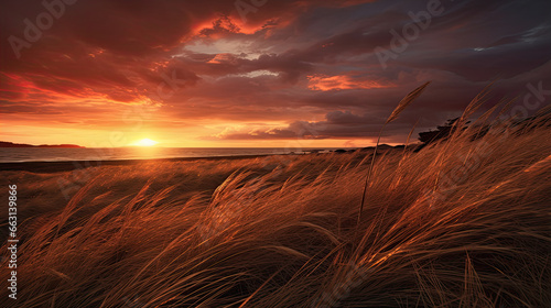 Sunset over grass blowing in the wind