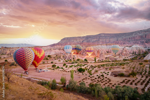 Travel and tourism by Turkey. Famous sightseeing Cappadocia, Anatolia. Beautiful landscape with mountains, caves and baloons.