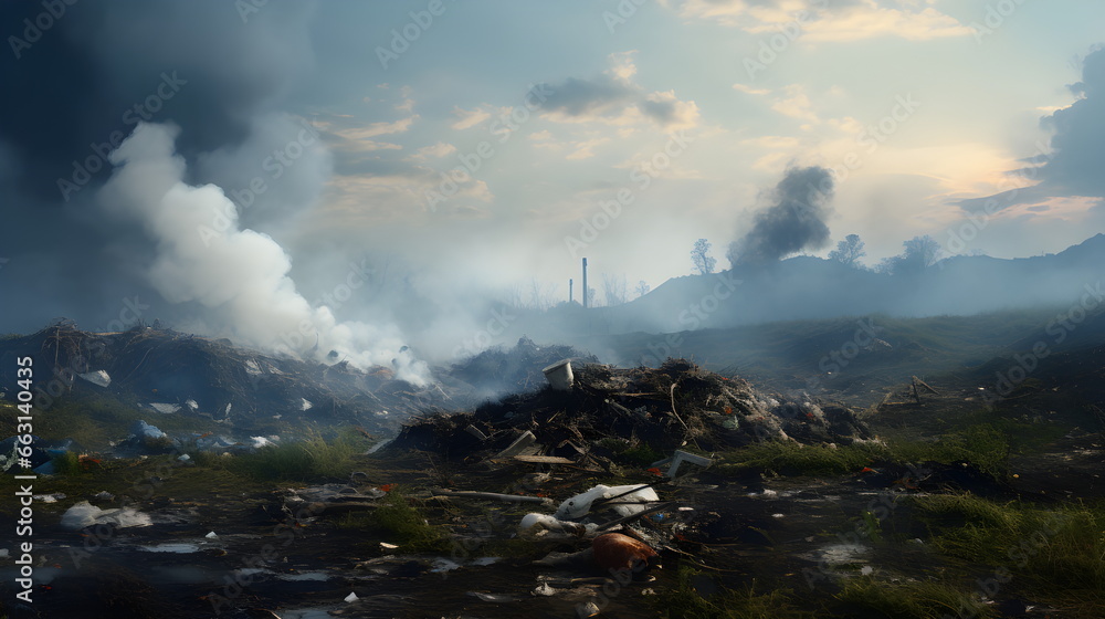 Fototapeta premium Burning landfill. Environmental problems. Smoke, fire. Ruin.