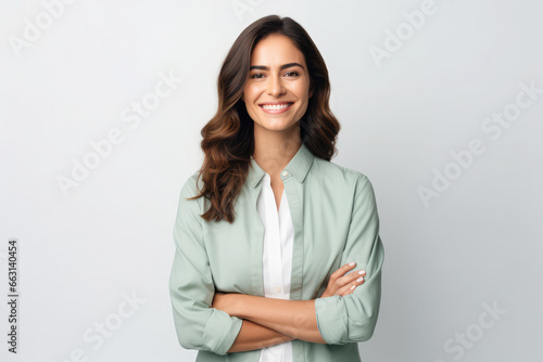 beautiful woman smiling with arms folded on white background