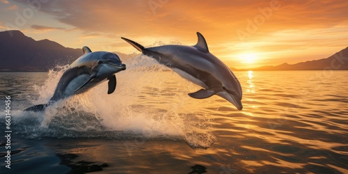a image beautiful dolphin leaping jumping from shining sunset sea, AI Generative © Horsi