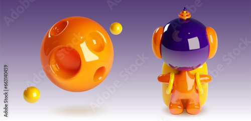 Space game assets - planet with craters and satellites, and cute astronaut in spacesuit and helmet. Cartoon vector illustration set of fantasy cosmic objects for videogame user interface.