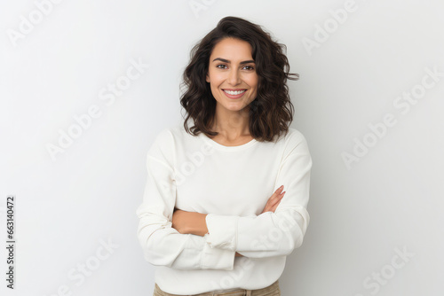 beautiful woman smiling with arms folded on white background photo