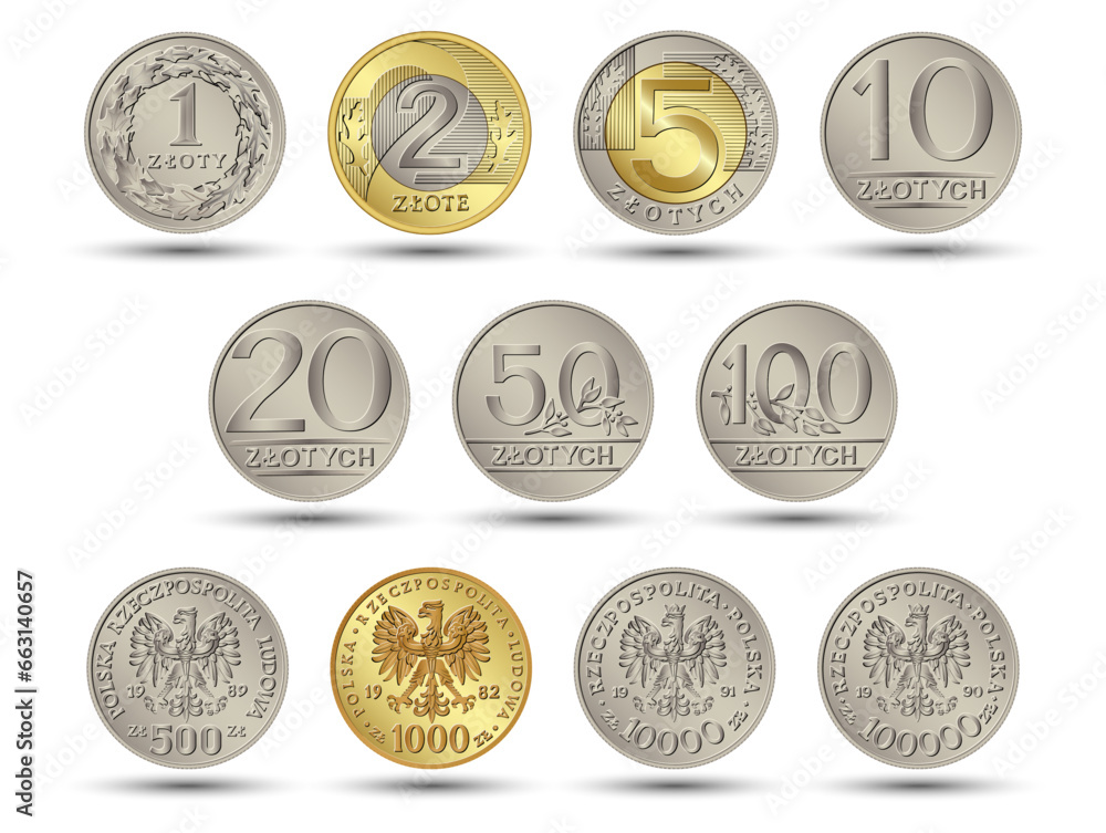 Reverse and obverse Polish Money one, two, five, ten, twenty, fifty and one hundred zloty gold and silver coins. Vector illustration. - obrazy, fototapety, plakaty 