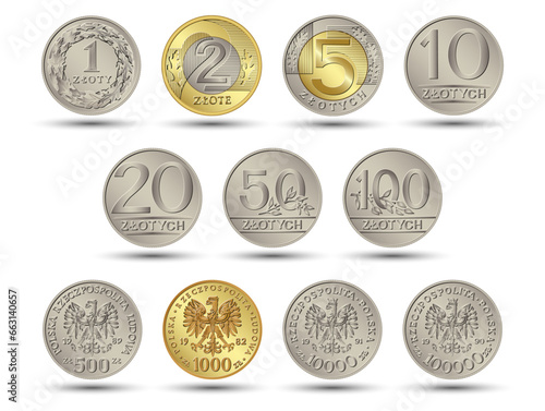 Reverse and obverse Polish Money one, two, five, ten, twenty, fifty and one hundred zloty gold and silver coins. Vector illustration.