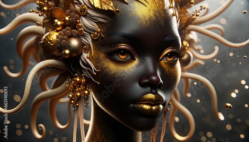 Gold-Adorned Mermaid with Detailed Chocolate Brown Skin and Ebony Features