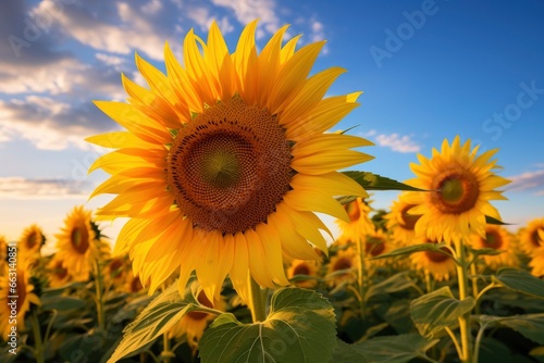 Sunflowers turning toward the sun in the soft morning light.