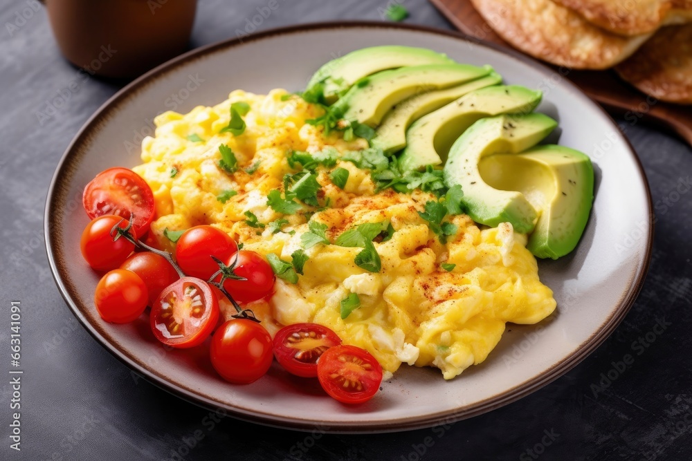 Scrambled eggs with cherry tomatoes and avocado.