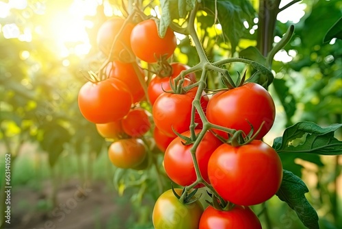 Fresh bunch of red natural tomatoes on a branch in vegetable garden.