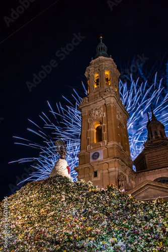 Fireworks at the end of the Pilar festivities in the Plaza del Pilar in Zaragoza on October 15, 2023.