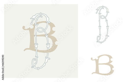 B letter marriage monograms for bride and groom names. Wide and Narrow capitals. Initials with thin swirled lines and lush foliage patterns. Perfect for wedding, anniversary, birthday invitation.