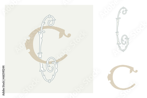 C letter marriage monograms for bride and groom names. Wide and Narrow capitals. Initials with thin swirled lines and lush foliage patterns. Perfect for wedding, anniversary, birthday invitation.