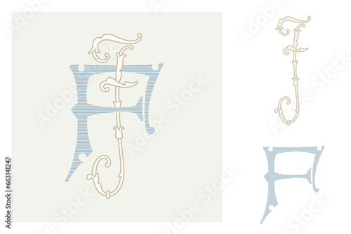 F letter marriage monograms for bride and groom names. Wide and Narrow capitals. Initials with thin swirled lines and lush foliage patterns. Perfect for wedding, anniversary, birthday invitation.