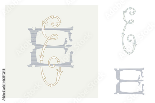 E letter marriage monograms for bride and groom names. Wide and Narrow capitals. Initials with thin swirled lines and lush foliage patterns. Perfect for wedding, anniversary, birthday invitation.
