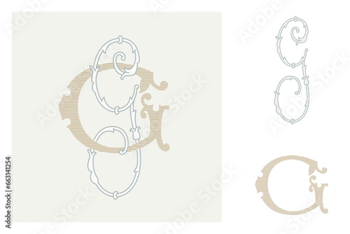 G letter marriage monograms for bride and groom names. Wide and Narrow capitals. Initials with thin swirled lines and lush foliage patterns. Perfect for wedding, anniversary, birthday invitation.