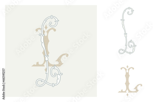 L letter marriage monograms for bride and groom names. Wide and Narrow capitals. Initials with thin swirled lines and lush foliage patterns. Perfect for wedding, anniversary, birthday invitation.