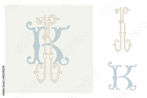 K letter marriage monograms for bride and groom names. Wide and Narrow capitals. Initials with thin swirled lines and lush foliage patterns. Perfect for wedding, anniversary, birthday invitation.