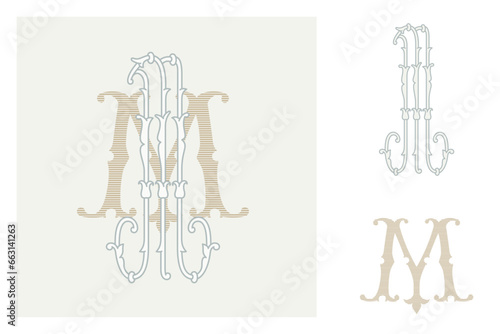 M letter marriage monograms for bride and groom names. Wide and Narrow capitals. Initials with thin swirled lines and lush foliage patterns. Perfect for wedding, anniversary, birthday invitation.