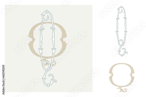 O letter marriage monograms for bride and groom names. Wide and Narrow capitals. Initials with thin swirled lines and lush foliage patterns. Perfect for wedding, anniversary, birthday invitation.