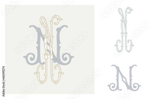 N letter marriage monograms for bride and groom names. Wide and Narrow capitals. Initials with thin swirled lines and lush foliage patterns. Perfect for wedding, anniversary, birthday invitation.