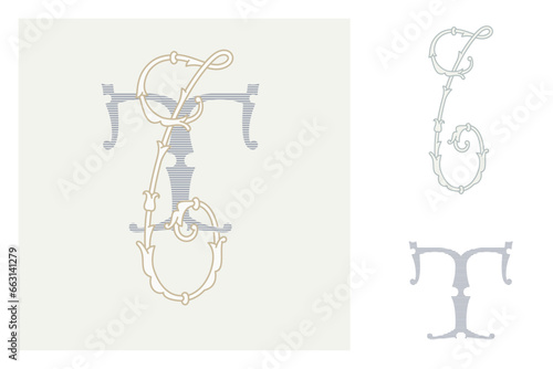 T letter marriage monograms for bride and groom names. Wide and Narrow capitals. Initials with thin swirled lines and lush foliage patterns. Perfect for wedding, anniversary, birthday invitation.