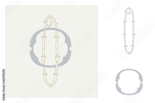 O letter marriage monograms for bride and groom names. Wide and Narrow capitals. Initials with thin swirled lines and lush foliage patterns. Perfect for wedding, anniversary, birthday invitation.