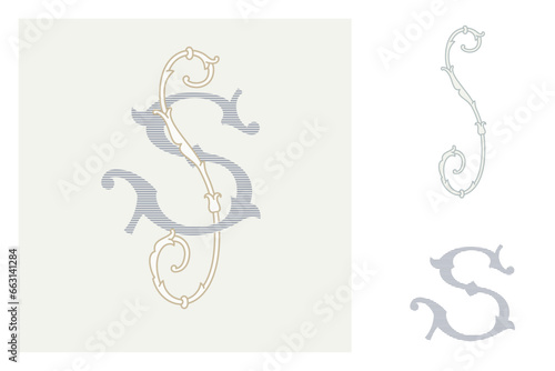 S letter marriage monograms for bride and groom names. Wide and Narrow capitals. Initials with thin swirled lines and lush foliage patterns. Perfect for wedding, anniversary, birthday invitation.