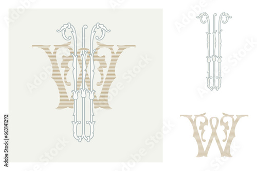 W letter marriage monograms for bride and groom names. Wide and Narrow capitals. Initials with thin swirled lines and lush foliage patterns. Perfect for wedding, anniversary, birthday invitation.