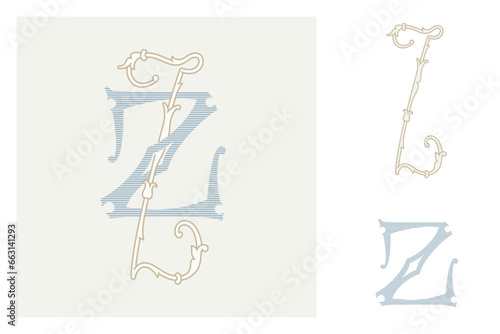 Z letter marriage monograms for bride and groom names. Wide and Narrow capitals. Initials with thin swirled lines and lush foliage patterns. Perfect for wedding, anniversary, birthday invitation.