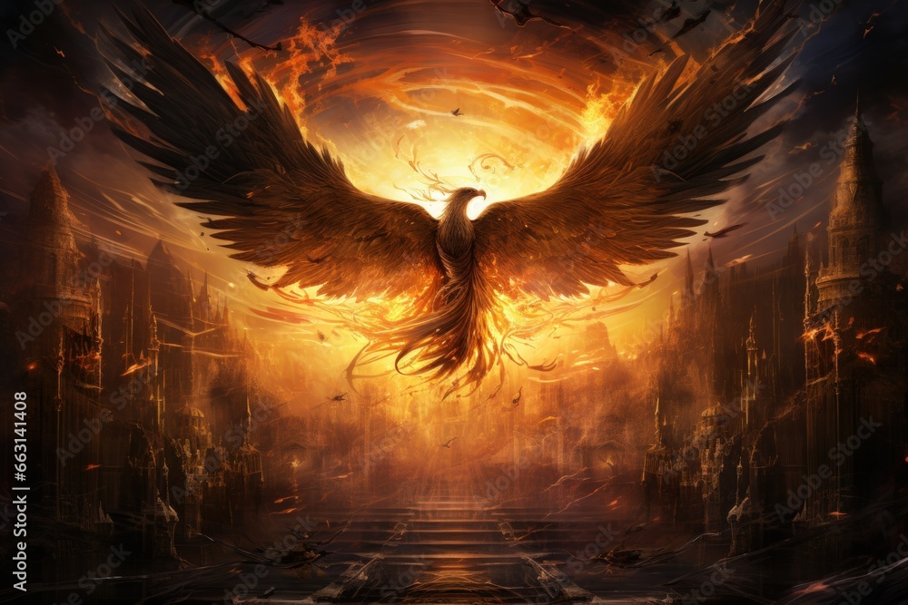 Fototapeta premium Ancient phoenixes rising from ashes with renewed life - Generative AI