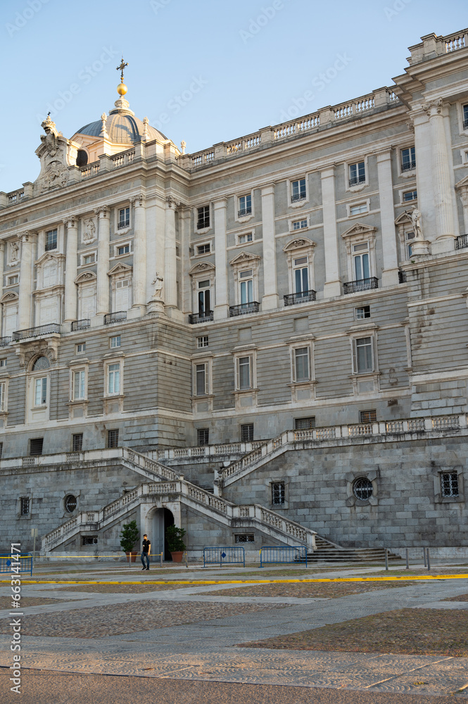 2023-10-16, Madrid, Spain: The Palacio Real de Madrid, an 18th-century Baroque building, is located in the Plaza de la Armería.