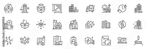 Icons pack as Parcel delivery, Petrol station and Building line icons for app include Engineering plan, Energy inflation, Inspect outline thin icon web set. Paint roller. Vector