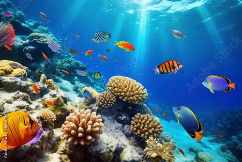 Underwater world with corals and tropical fish. © ABDULHAMID