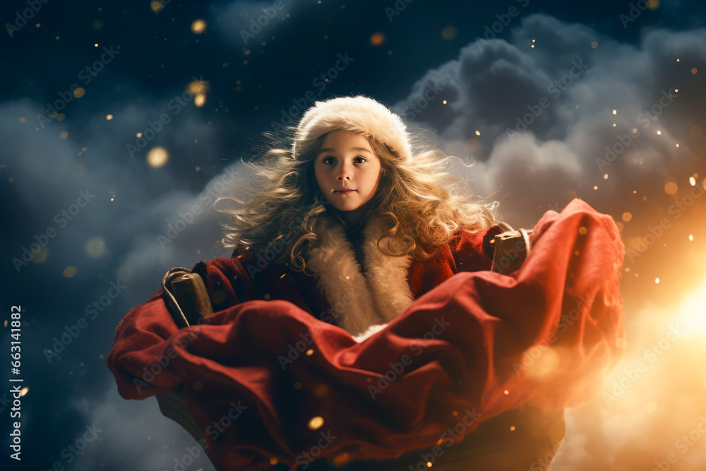 little girl flying in clouds in Santa costume in dreams. Christmas fairytale. Christmas time little girl flying in clouds in Santa costume in dreams. Christmas fairytale. Christmas time