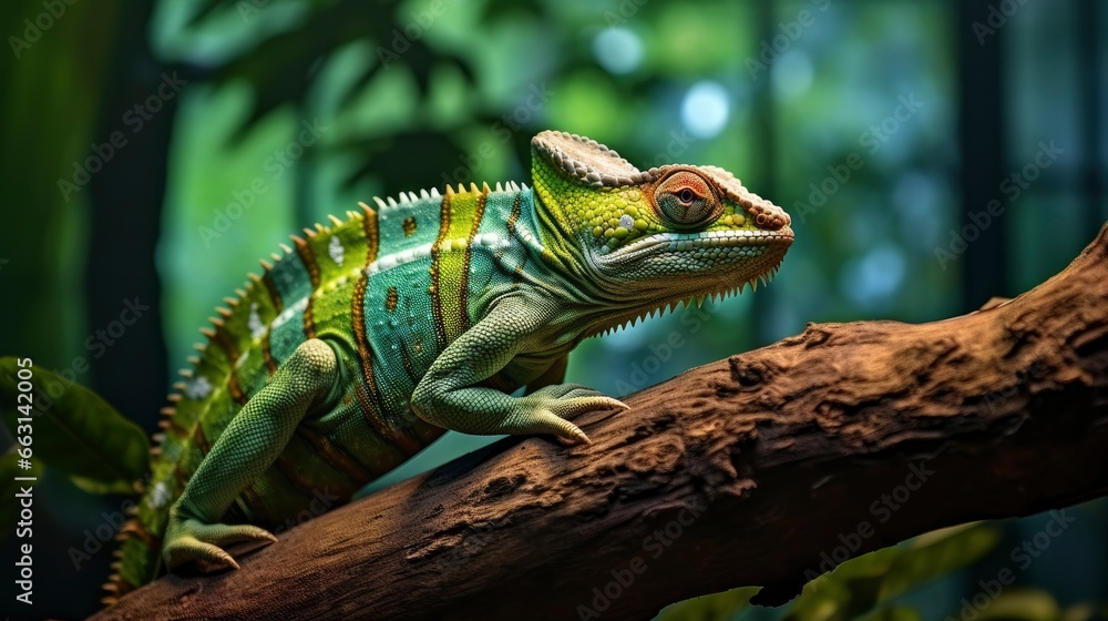 Fototapeta premium Chameleon reptile perches on a branch.