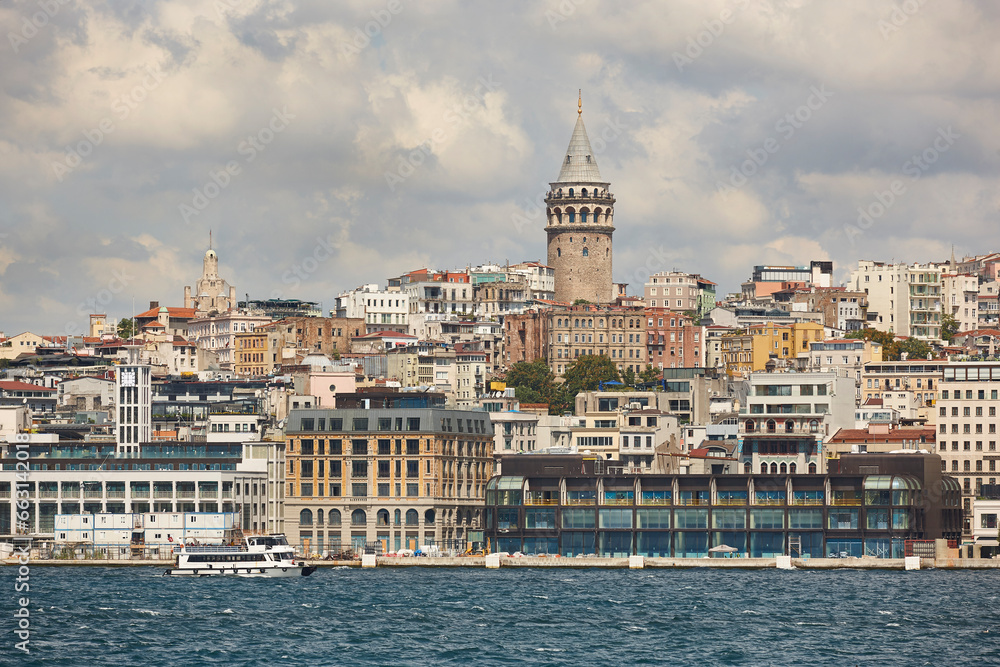 Galata tower and bosporus strait in Istanbul. Landmark in Turkey
