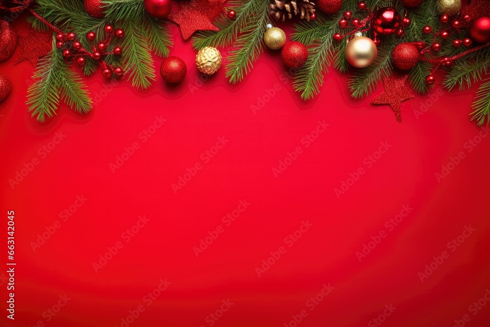 Christmas or New Year red background with fir decor. Christmas or New Year red background with fir decor.