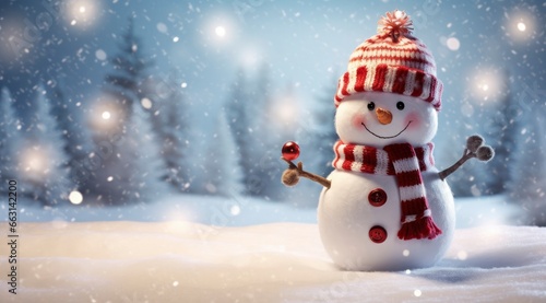 Happy snowman in the winter scenery. © ABDULHAMID