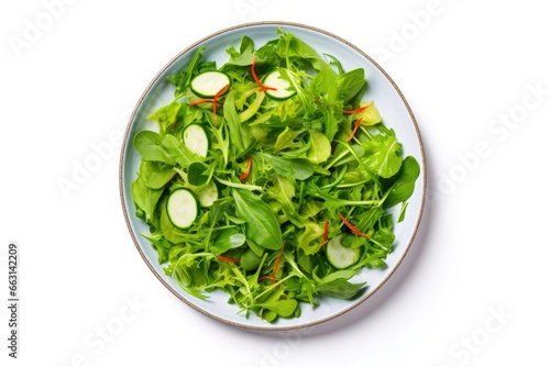 Healthy fresh green salad plate shot from above on white background.