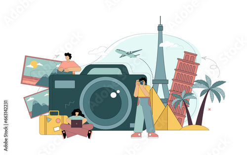 The work of a photographer. People are taking pictures. Professional digital camera. Photo tourism. Tourists take pictures of attractions. Vector flat illustration.